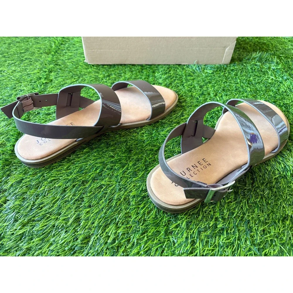 Journee Collection Lavine Taupe Patent Slingback Flat Sandals Womens 8